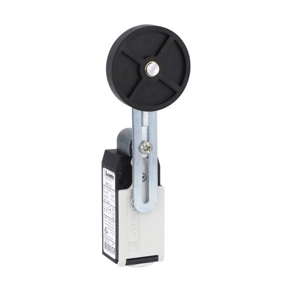 Limit switch, K series, adjustable roller lever, 1 bottom cable entry. Dimensions to EN 50047, plastic body, contacts 1NO+1NC snap action. Rubber roller image 1