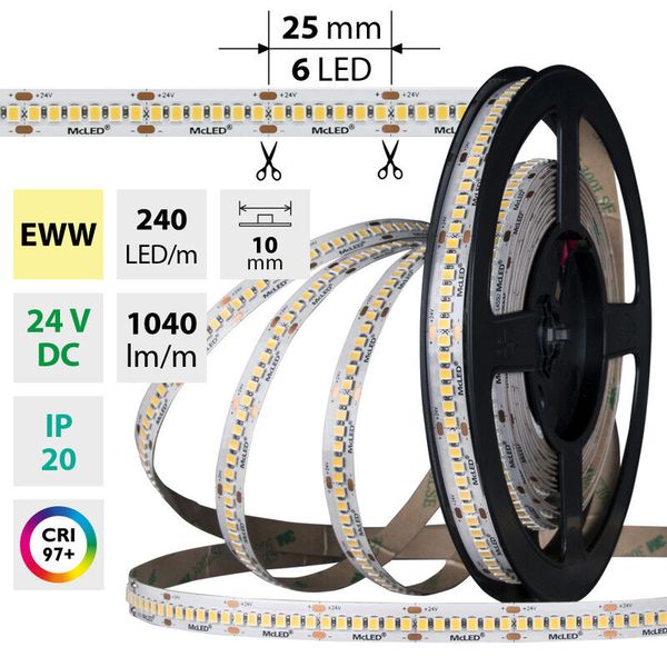 LED strip SMD2835 EWW 240LED/m 14,4W/m DC 24V 1040lm/m CRI97 IP20 10mm 50m image 1