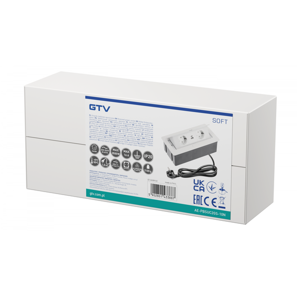 Furniture socket SOFT, 2xSHUKO, USB A+С, cable 1.5 m, white image 2