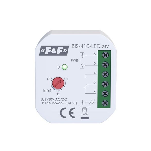 Bistable, flush-mounted relay with timer, for illuminated pushbuttons with inrush relay 24V; BIS-410-LED-24V image 1