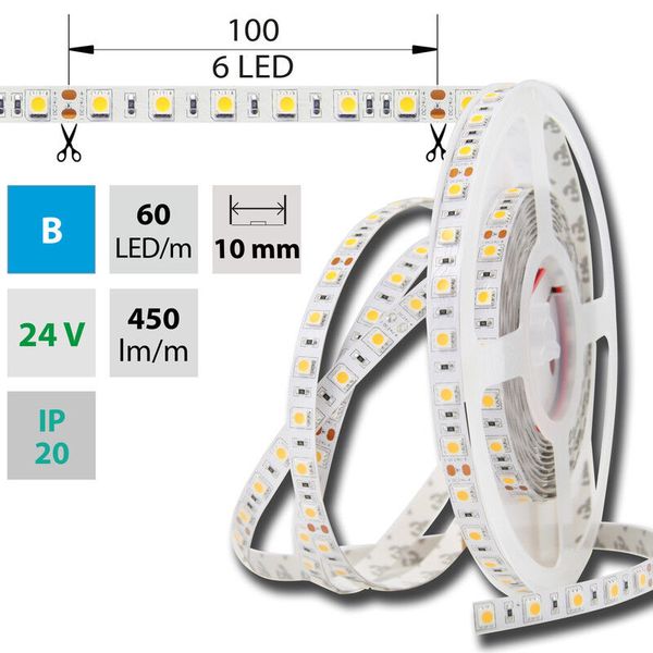 LED strip SMD5050 B, 60LED/m, 14,4W/m, DC 24V, 450lm/m, IP20, 10mm, 50m image 1