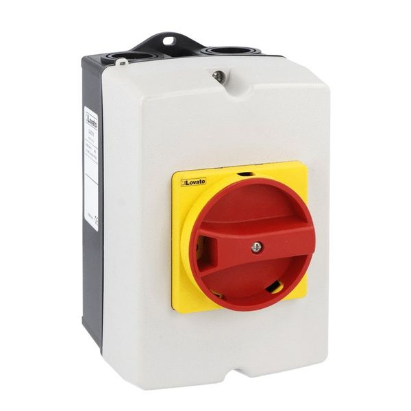 IEC/EN type IP65 plastic enclosure switch disconnector, four-pole. With rotating red/yellow handle, 32A. Enclosure dimensions: 100x168x97mm/3.9x6.6x3.8'' image 1