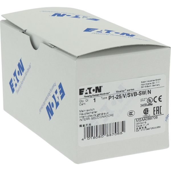 P1-25/V/SVB-SW/N Main switch, P1, 25 A, rear mounting, 3 pole + N, STOP function, With black rotary handle and locking ring, Lockable in the 0 (Off) position image 24
