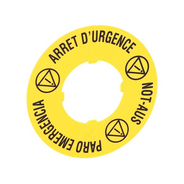 Plastic disk for mushroom head pushbuttons, ARRET D’URGENCE/NOT-AUS/PARO EMERGENCIA Ø60mm/2.4in image 1