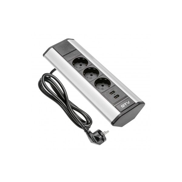 Corner extension cord 3xSHUKO, 2xUSB-A 2.1A, aluminum image 1