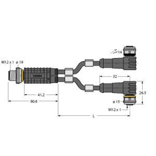 2-Way Splitter Y-Splitter with Cable, Male Connector M12 × 1 - 2 × Female Connectors M12 × 1   VBRS4.4-2WKC4T-0.6/0.6/TXL image 1