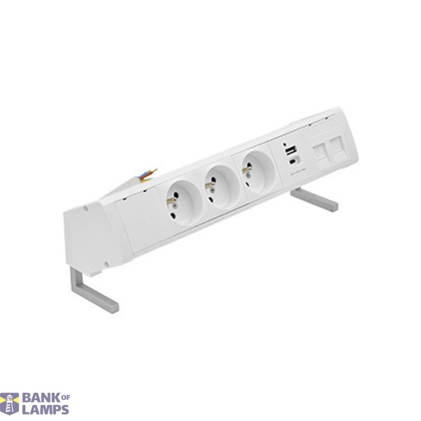 Desk socket set: 3x250V type E + USB A+C charger + 2xRJ45 plate with Keystone mounting, 10 cm cable; white image 1