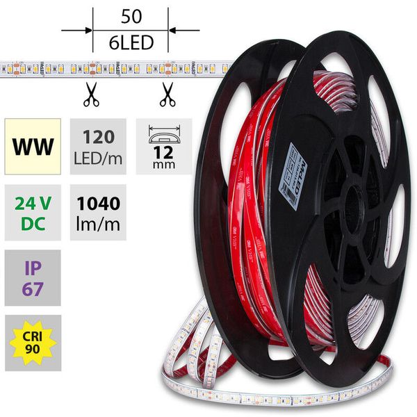 LED strip SMD2835 WW, 120LED/m, 14W/m, DC 24V, 1040lm/m, CRI90, IP67, 12mm, 50m image 1