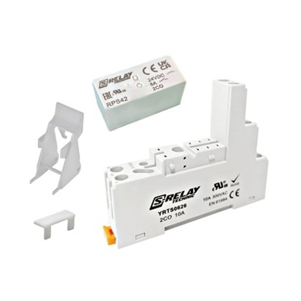 SET: PCB Relay, 2 CO, 8A, 24VDC, 5mm/Socket/Retaining clip image 1