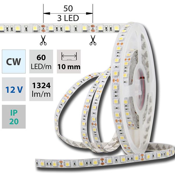 LED strip SMD5050 CW, 60LED/m, 14,4W/m, DC 12V, 1515lm/m, IP20, 10mm, 5m image 1