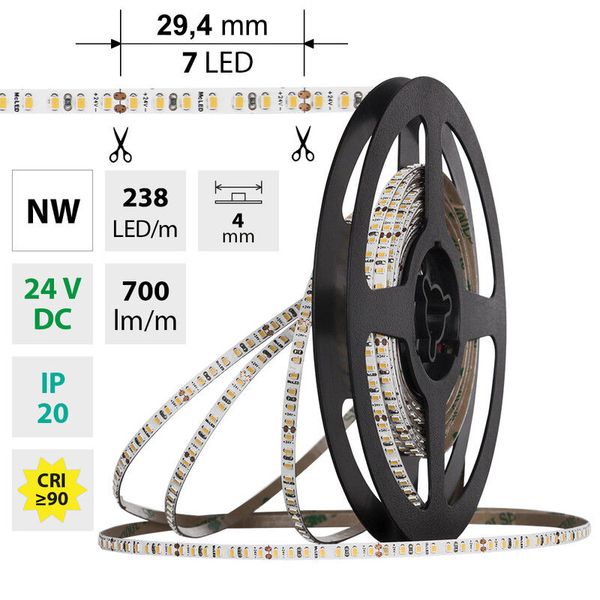 LED strip SMD2216 NW, 238LED/m, 7,2W/m, DC 24V, 700lm/m, CRI90, IP20, 4mm, 10m image 1