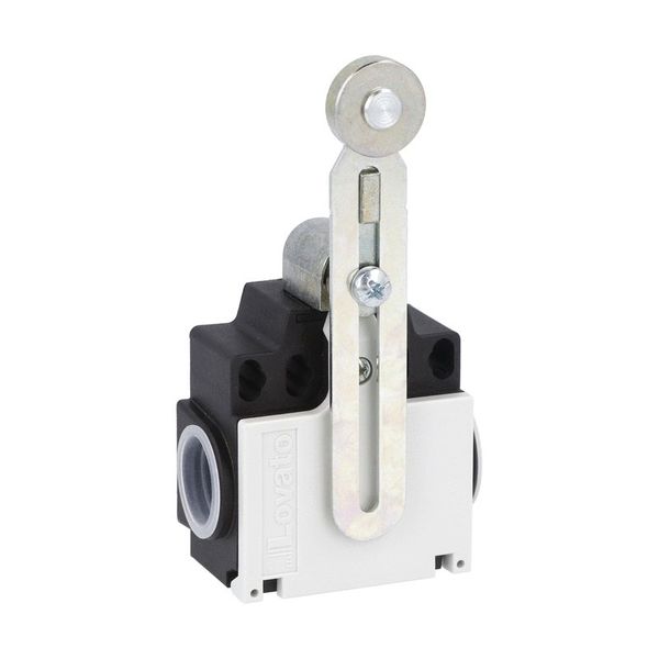 Limit switch, K series, adjustable roller lever, 2 side cable entry. Dimensions compatible to EN 50047, metal body, contacts 1NO+1NC slow action make before break. Metal plunger image 1