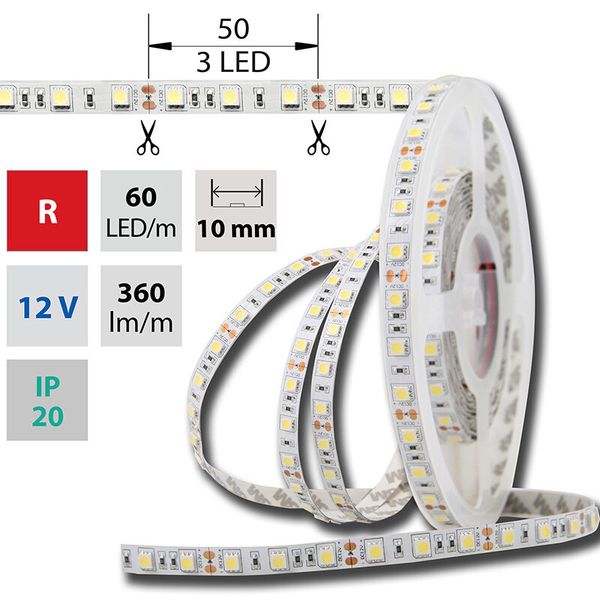 LED strip SMD5050 red, 60LED/m, 14.4W/m, DC 12V, 360lm/m, IP20, 10mm, 50m image 1
