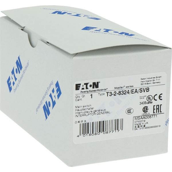 T3-2-8324/EA/SVB Main switch, T3, 32 A, flush mounting, 2 contact unit(s), 4 pole, Emergency switching off function, With red rotary handle and yellow locking ring image 5
