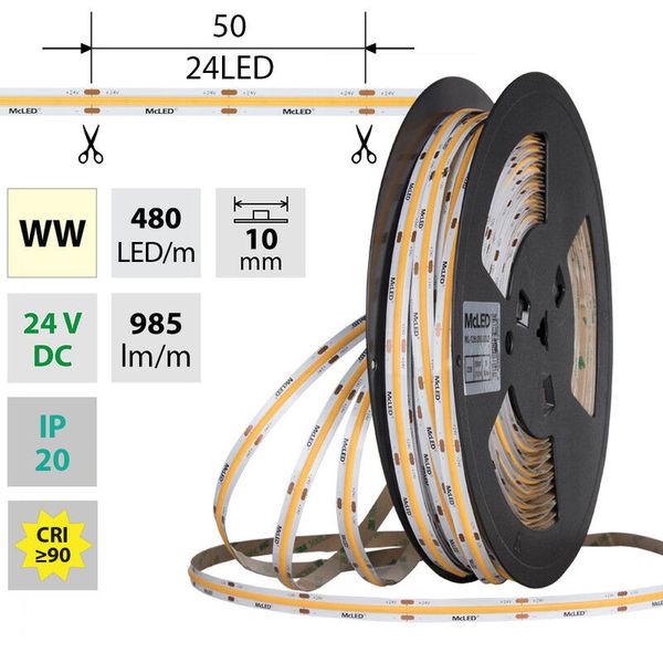 LED strip COB WW, 480LED/m, 10W/m, DC 24V, 985lm/m, CRI90, IP20, 10mm, 5m image 1
