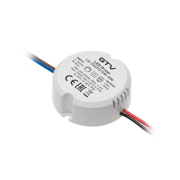 LED can power supply 12V,15W, input 220-240VAC, IP20, wym.fi55 x 21mm with 100mm wires image 1
