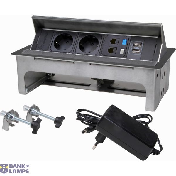 VersaNET, Einbaumodul mit 2 Schutzkontaktsteckdosen, 2 USB-Ports und 2 RJ45-Ports, Farbe: schwarz image 1