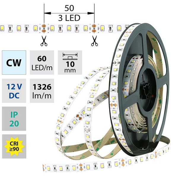 LED strip SMD2835 CW, 60LED/m, 14,4W/m, 1326lm/m, IP20, DC 12V, 10mm, 50m image 1