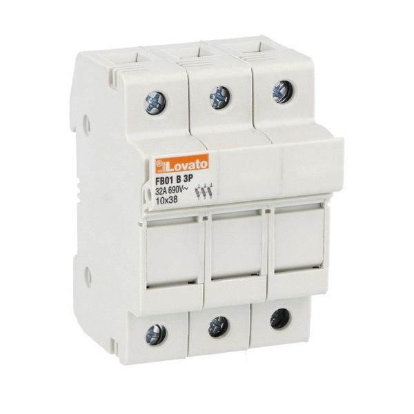 Fuse holder, for 10X38mm fuses. 32A rated current at 690VAC, 3P. Without status indicator. 3 modules image 1