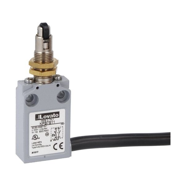 Prewired with 2m long cable metal limit switch, K series, top roller push plunger. M12 head. Contacts 1NO+1NC snap action. Roller operation perpendicular to switch body image 1
