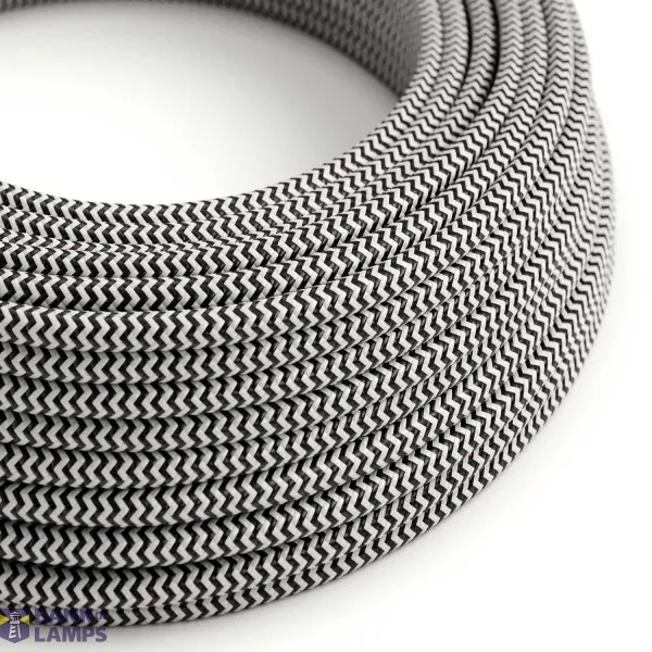 Glossy Charcoal Black and Optical White ZigZag Textile Cable - The Original Creative-Cables - RZ04 round 2x0.75mm / 3x0.75mm image 1