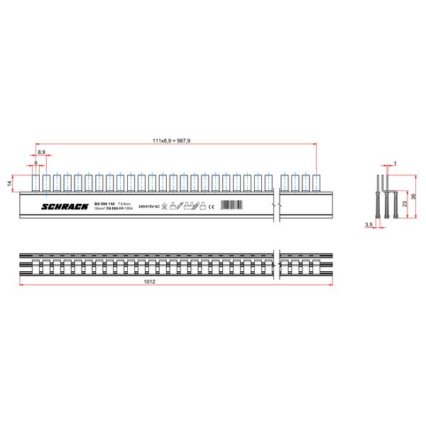 Busbar Pin Version L1,L2,L3, Pin 6mm, 16mmý, MW=9mm, 1m (The price is shown without markup on metals. Request a quote for accurate information) image 3