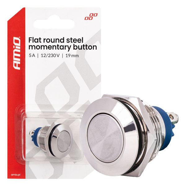Flat round steel momentary button 19 mm, 5 A, 12/230 V, AMIO-04436 image 1