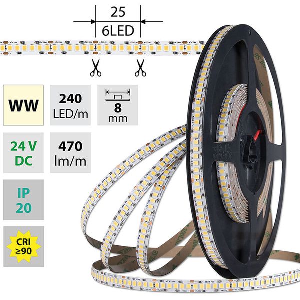 LED strip SMD2835 WW, 240LED/m, 6W/m, DC 24V, 470lm/m, CRI90, IP20, 8mm, 5m image 1
