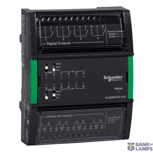 SpaceLogic Controller I/O module, 8 universal inputs, 4 analog voltage outputs, hand control/override switches image 1