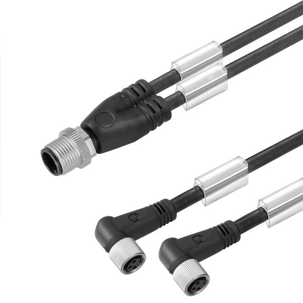 Sensor/actuator line, Connecting line, M12 / M8, Number of poles : 3, 1.5 m, Twin cabling, pin, straight, 2x socket, angled, Shielded: No, LED: No, Sheath material: PUR, Halogen: No image 1