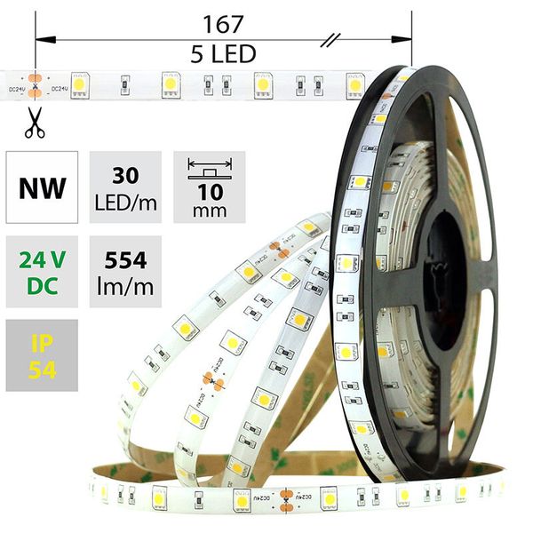 LED strip SMD5050 NW, 30LED/m, 8,5W/m, 554lm/m, IP54, DC 24V, 10mm, 5m image 1