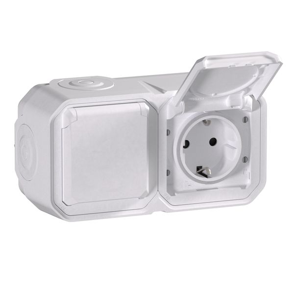 PLEXO 2 GANG PREWIRED HORIZONTAL GERMAN STD SOCKET OUTLET VDE - WHITE - SURFACE image 1