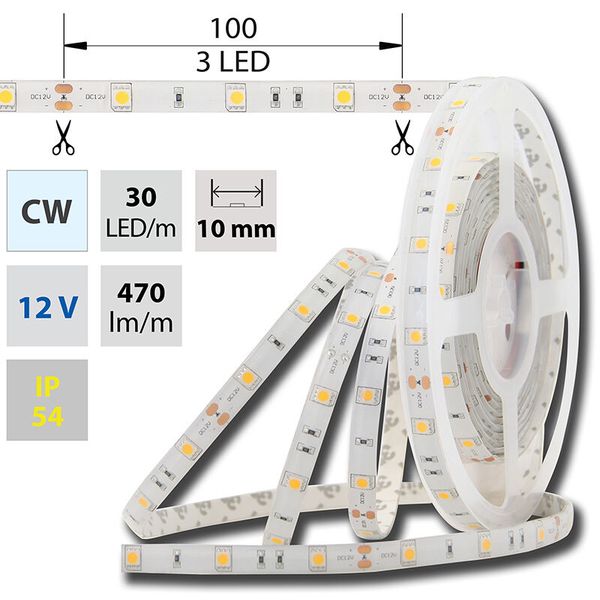 LED strip SMD5050 CW, 30LED/m, 7,2W/m, 470lm/m, IP54, DC 12V, 10mm, 5m image 1