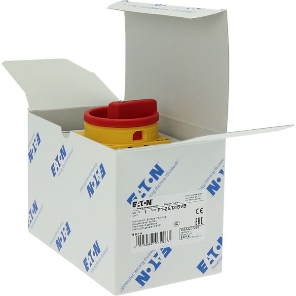 P1-25/I2/SVB Main switch, P1, 25 A, surface mounting, 3 pole, Emergency switching off function, With red rotary handle and yellow locking ring, Lockable in the 0 ( image 40