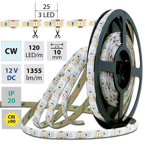LED strip SMD2835 CW, 120LED/m, 14W/m, 1355lm/m, IP20, DC 12V, 10mm, 5m image 1