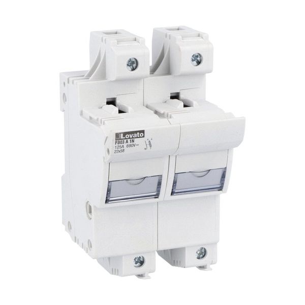 Fuse holder UL recognized and CSA certified, for 22X58mm fuses. 100A/125A rated current at 690VAC, 1P+N. Without status indicator. 2 modules image 1