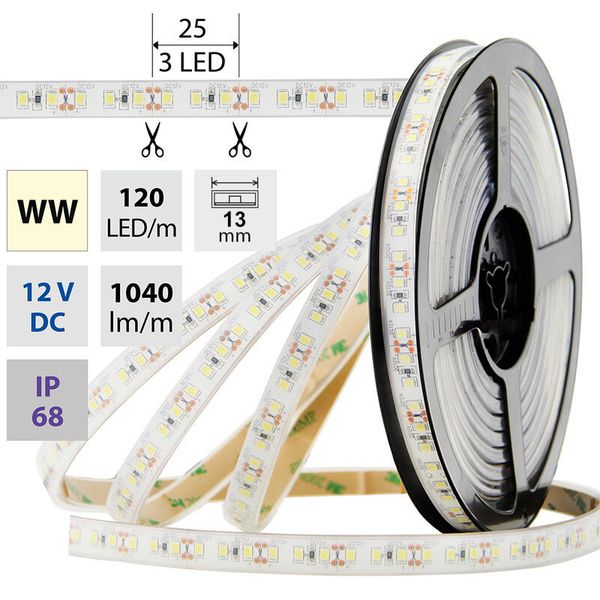 LED strip SMD2835 WW, 120LED/m, 14W/m, 1040lm/m, IP68, DC 12V, 13mm, 5m image 1