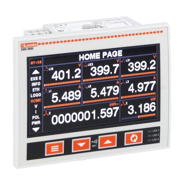 Power analyzer with widescreen colour LCD. Auxiliary supply 100...240VAC. Expandable with 3 EXP... modules, built-in RS485 and Ethernet ports, data memory for logging, compatible with Easy Branch power monitoring system image 1
