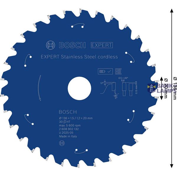 Expert for Stainless Steel Circular Saw Blade for Cordless Saws 136x1.5/1.2x20 T30 image 1
