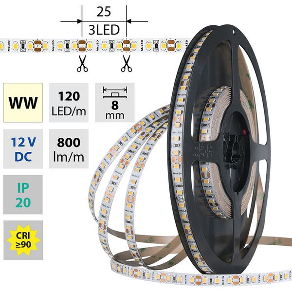 LED strip SMD2835 WW, 120LED/m, 9.6W/m, DC 12V, 800lm/m, CRI90, IP20, 8mm, 5m image 1