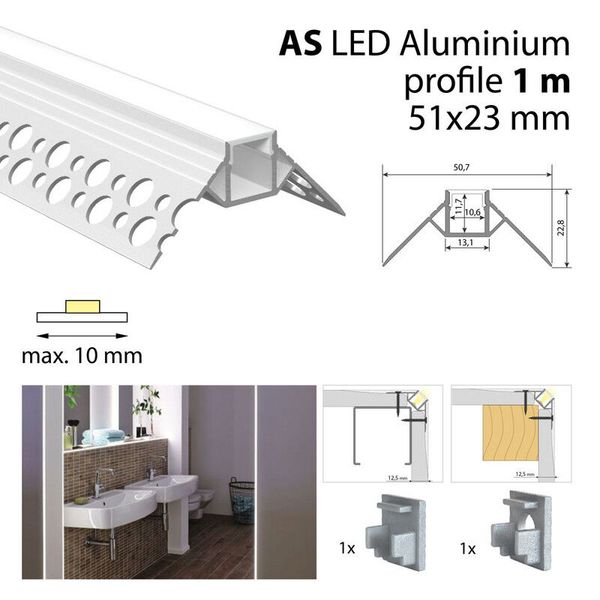 Aluminum profile for plasterboards AS 1m Whitey diffus., 2x end cap image 1