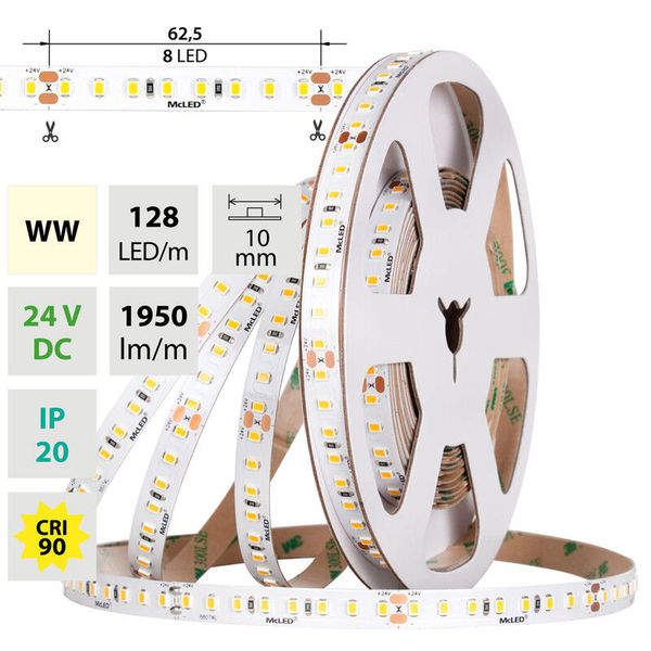 LED strip SMD2835 WW, 128LED/m, 11,5W/m, DC 24V, 1950lm/m, CRI90, IP20, 10mm, 5m image 1