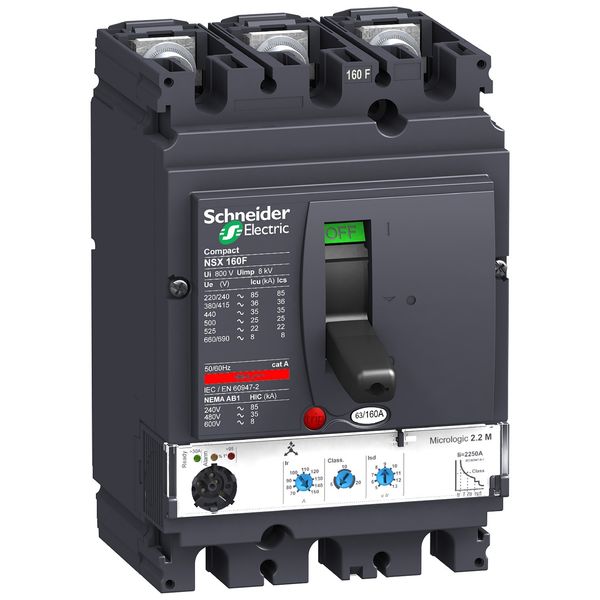 circuit breaker ComPact NSX160F, 36 kA at 415 VAC, MicroLogic 2.2 trip unit 100 A, 3 poles 3d image 4