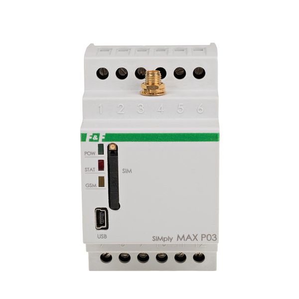 GSM remote control relay (SMS); 2xOUT, 1xIN; temperature control; 230V AC; 1xNO; DIN rail mounting image 1