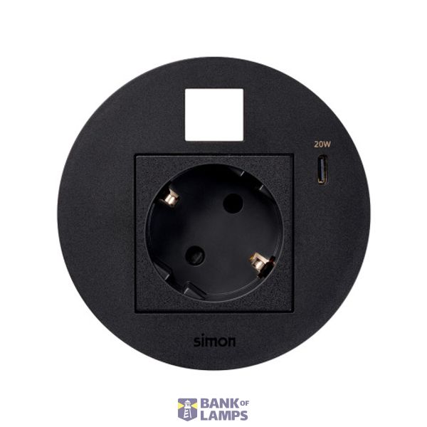 Furniture power socket (schuko grounding) with USB-C 20W charger and RJ45 plate (keystone), Simon 400 Flash 90, IP20, 16A, black, Mount. dimen.: Ø80mm image 1
