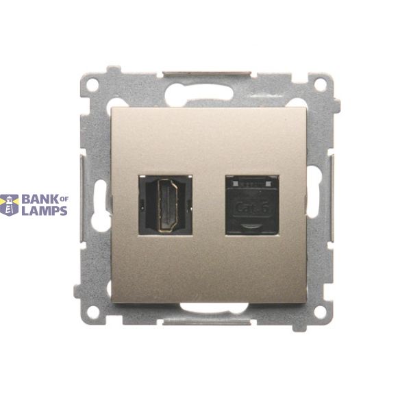 HDMI socket + computer socket RJ45 cat.6, Gold matt, metalic image 1