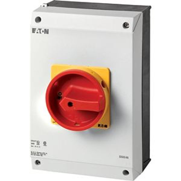 P3-63/I4/SVB/HI11-NA Main switch, P3, 63 A, surface mounting, 3 pole, 1 N/O, 1 N/C, Emergency switching off function, With red rotary handle and yellow locking ring, UL/CS image 4