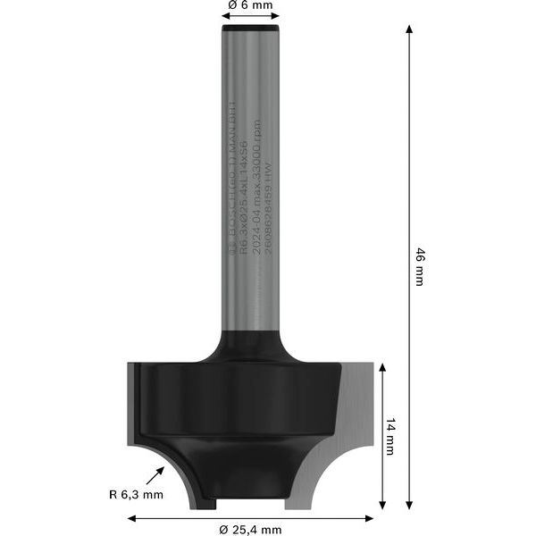 Edge forming Ovolo bit, 6 mm, R1 6.3 mm, D 25.4 mm, L 14 mm, G 46 mm image 3