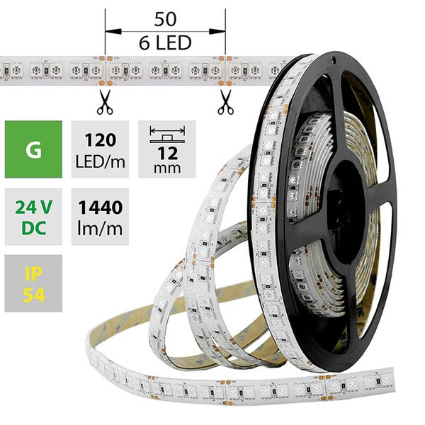 LED strip SMD5050 green, 120LED/m, 28.8W/m, 1440lm/m, IP54, DC 24V, 12mm, 5m image 1