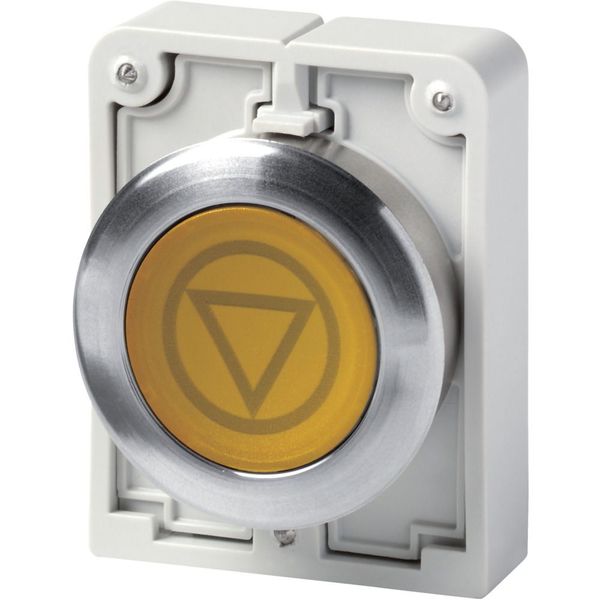 Illuminated pushbutton actuator, Flat Front (drilling dimensions 30.5 mm), Flush, momentary, yellow, inscribed, Metal bezel image 1